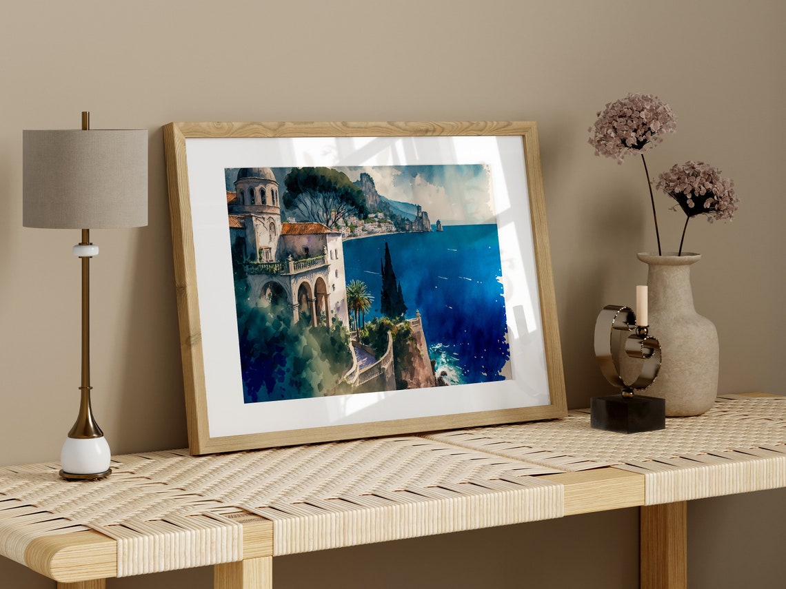 Amalfi Villa With Cypress Trees Watercolor Italian Coast Art Print - Image 3