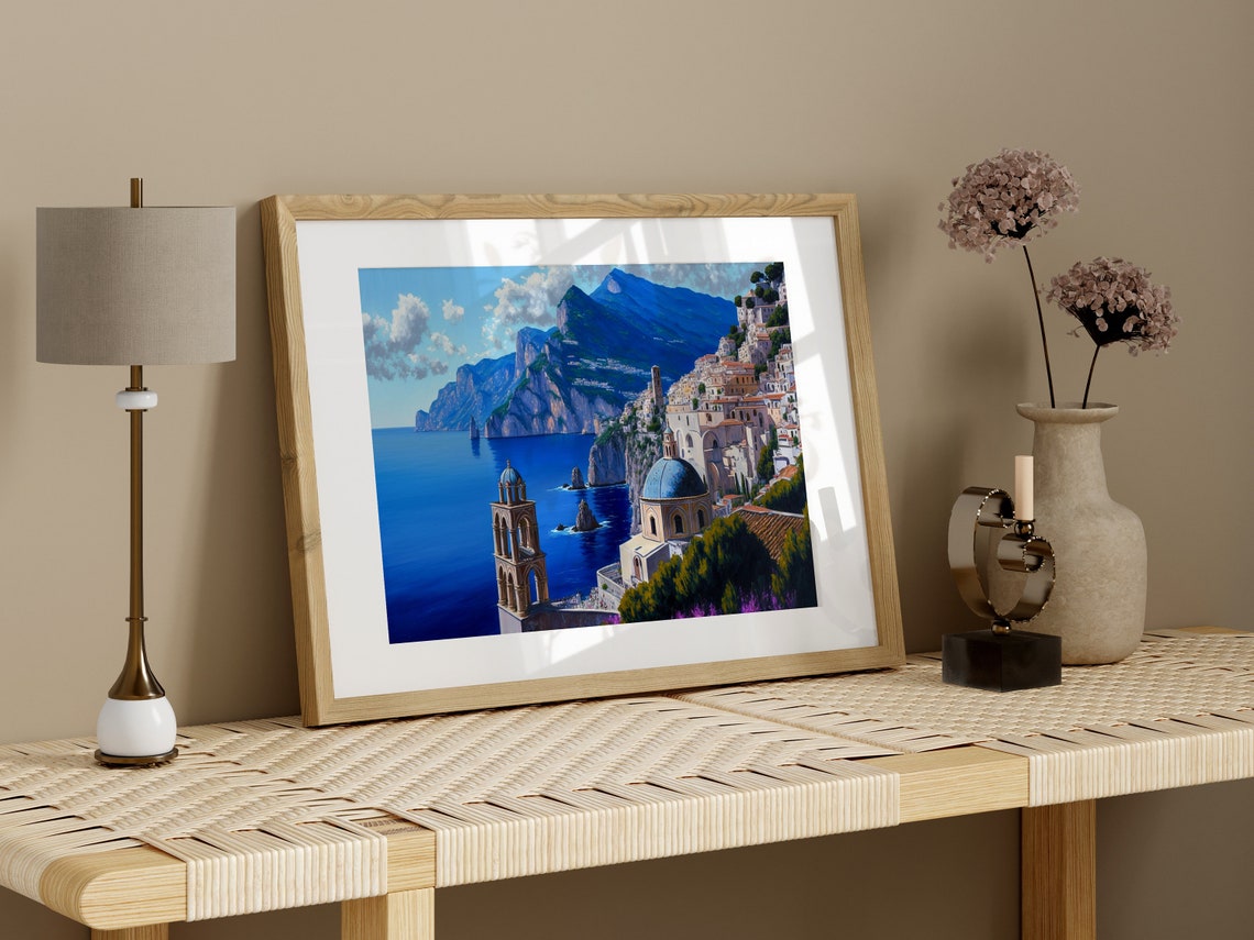 Blue Dome Coastal Church on Italian Cliffs Mediterranean Art Print - Image 3