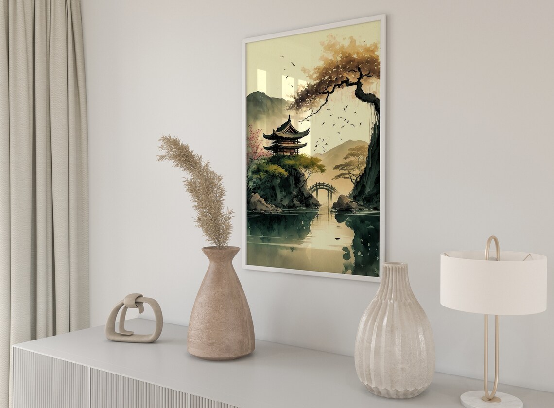 Japanese Pagoda Golden Sunset Lake Bridge Cherry Blossom Poster - Image 5