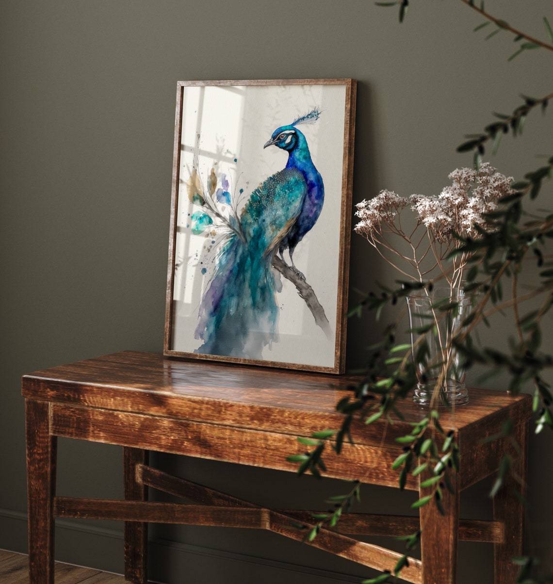 Vivid Teal and Blue Watercolor Peacock Perched Bird Wall Art - Image 3