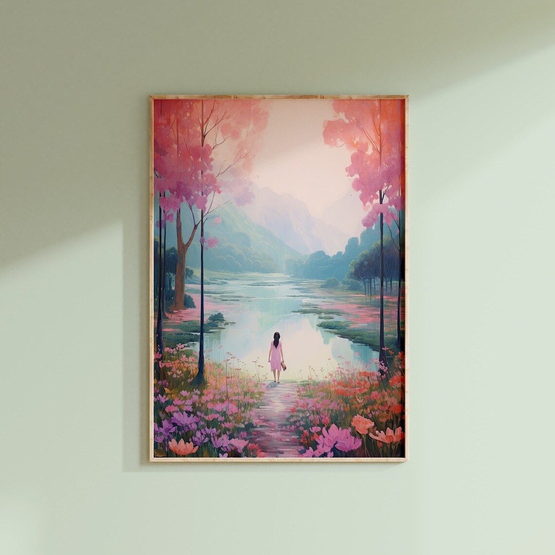 Dreamy Pastel Girl In Pink Dress By Flower Lake Summer Poster - Image 2