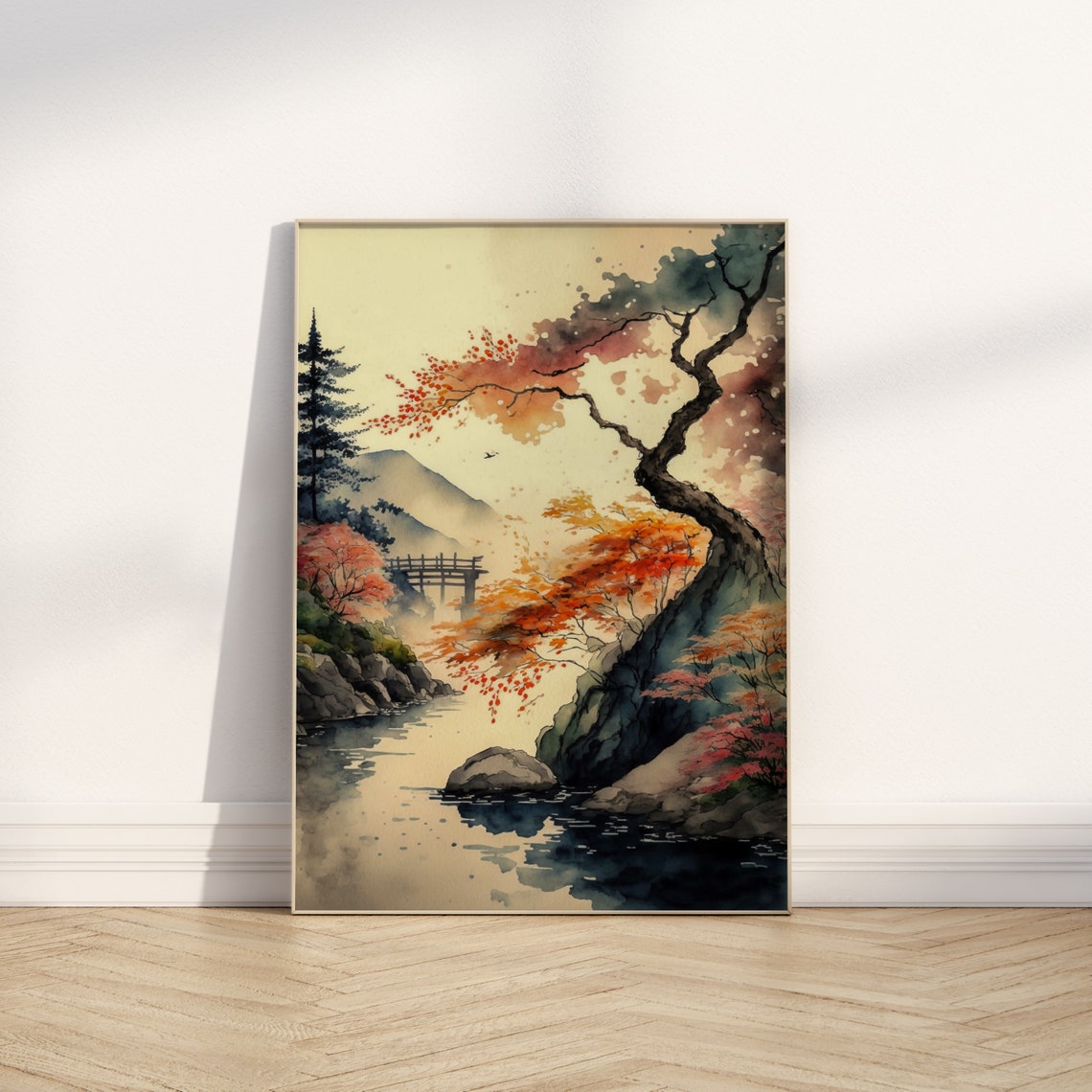 Japanese Autumn Maple Trees River Bridge Mountain View Poster - Image 2