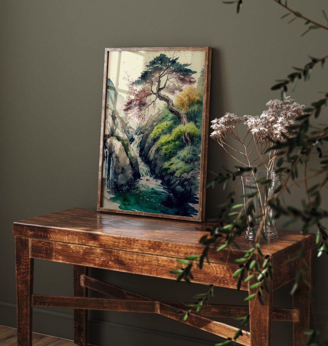 Japanese Waterfall Rocky Gorge Pine Cherry Blossom Art Poster - Image 3