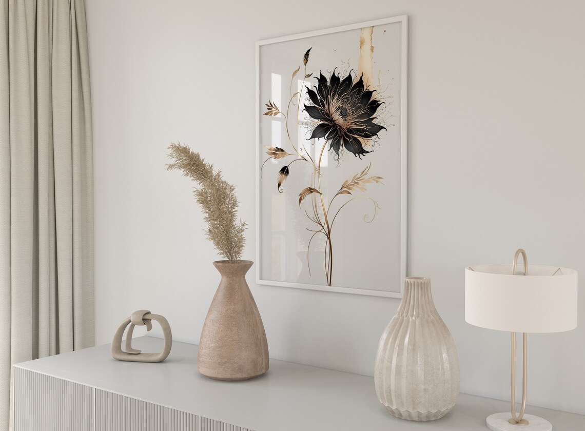 Black Bloom With Gold Line Stems Elegant Minimalist Art Poster - Image 5