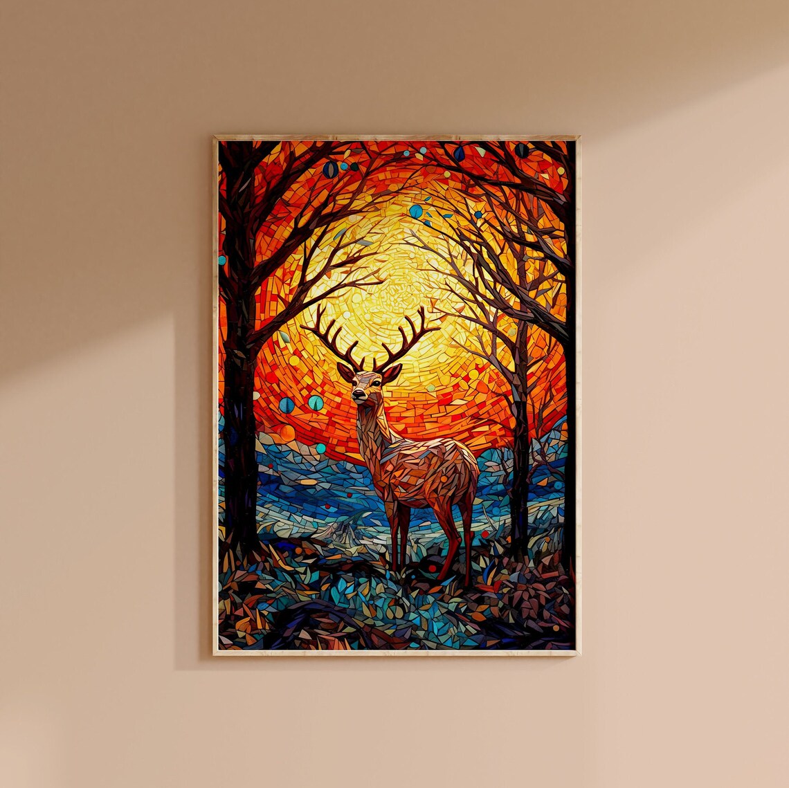 Mosaic Stag Deer Under Fiery Sunset Arch Of Trees Art Poster - Image 2