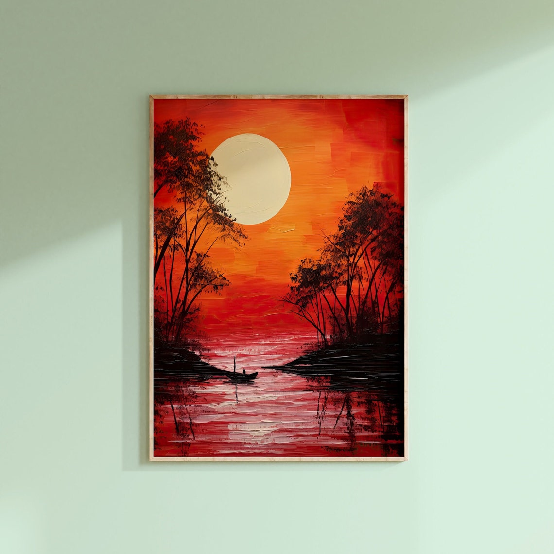 Fiery Red Sunset Lake Black Trees Silhouette Boat Art Poster - Image 3
