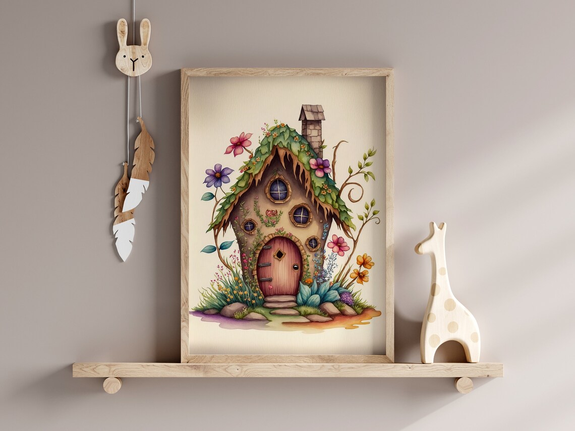 Fairy Cottage Leaf Thatch Round Door Flower Garden Art Poster - Image 2
