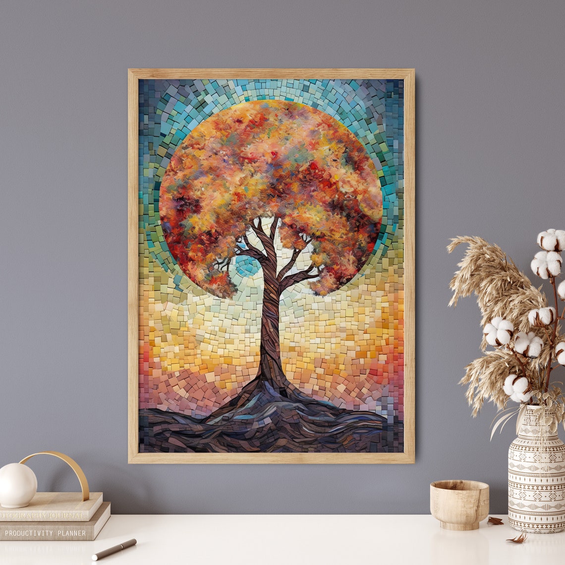 Round Canopy Mosaic Tree Teal Sky Autumn Colours Decor Poster - Image 5
