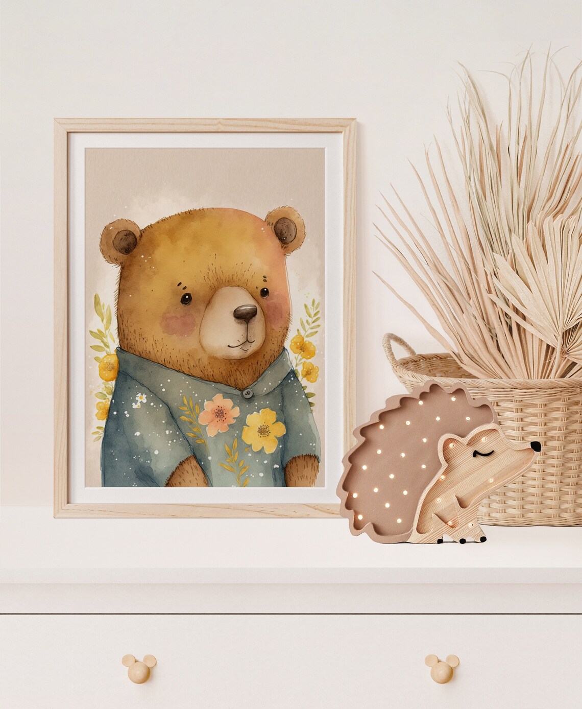 Cute Teddy Bear in Blue Floral Shirt Watercolor Nursery Art Print - Image 5
