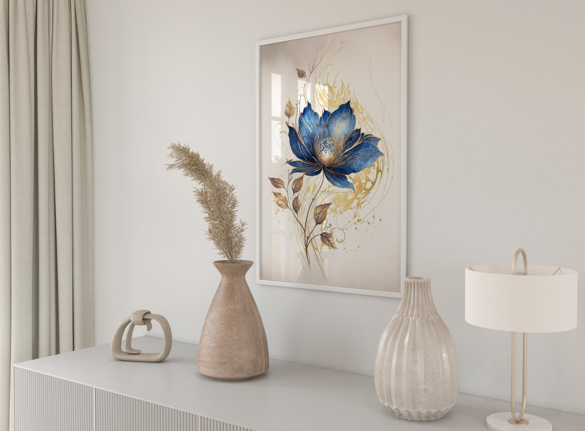 Deep Blue Bloom With Golden Leaves Elegant Watercolor Art Poster - Image 5