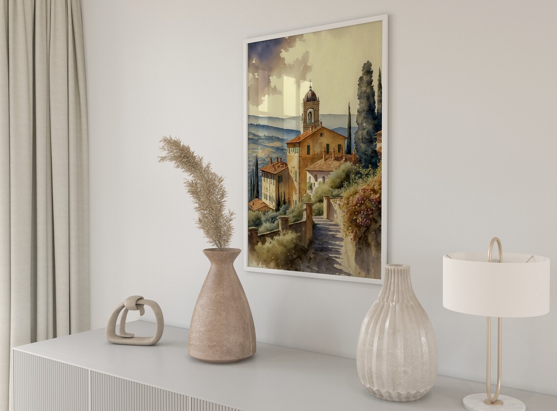 Tuscany Hilltop Village Church Cypress Watercolor Italy Art Print - Image 5