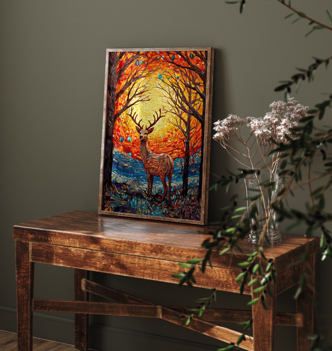 Mosaic Stag Deer Under Fiery Sunset Arch Of Trees Art Poster - Image 3