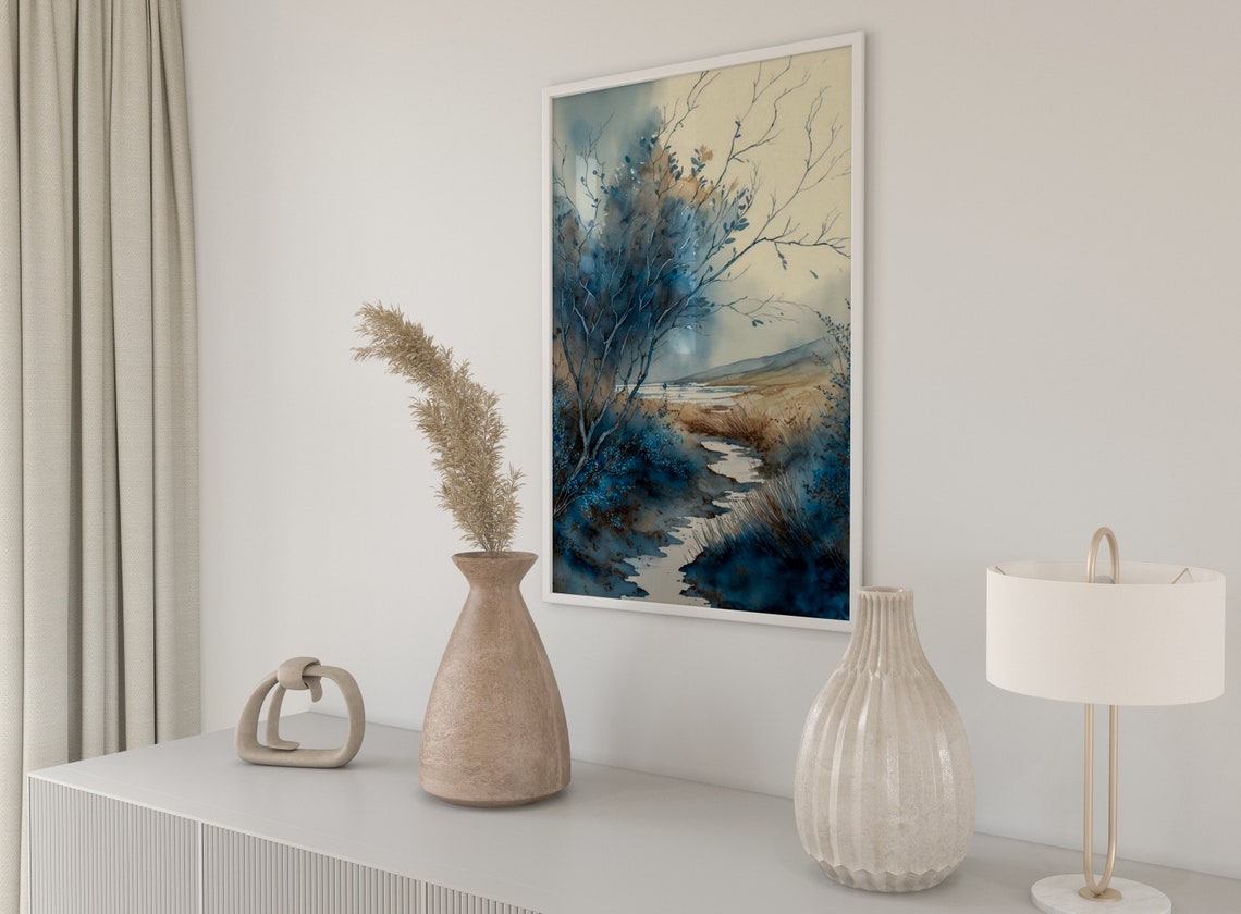 Moody Blue Marsh Bare Branches Misty Watercolour Nature Poster - Image 3