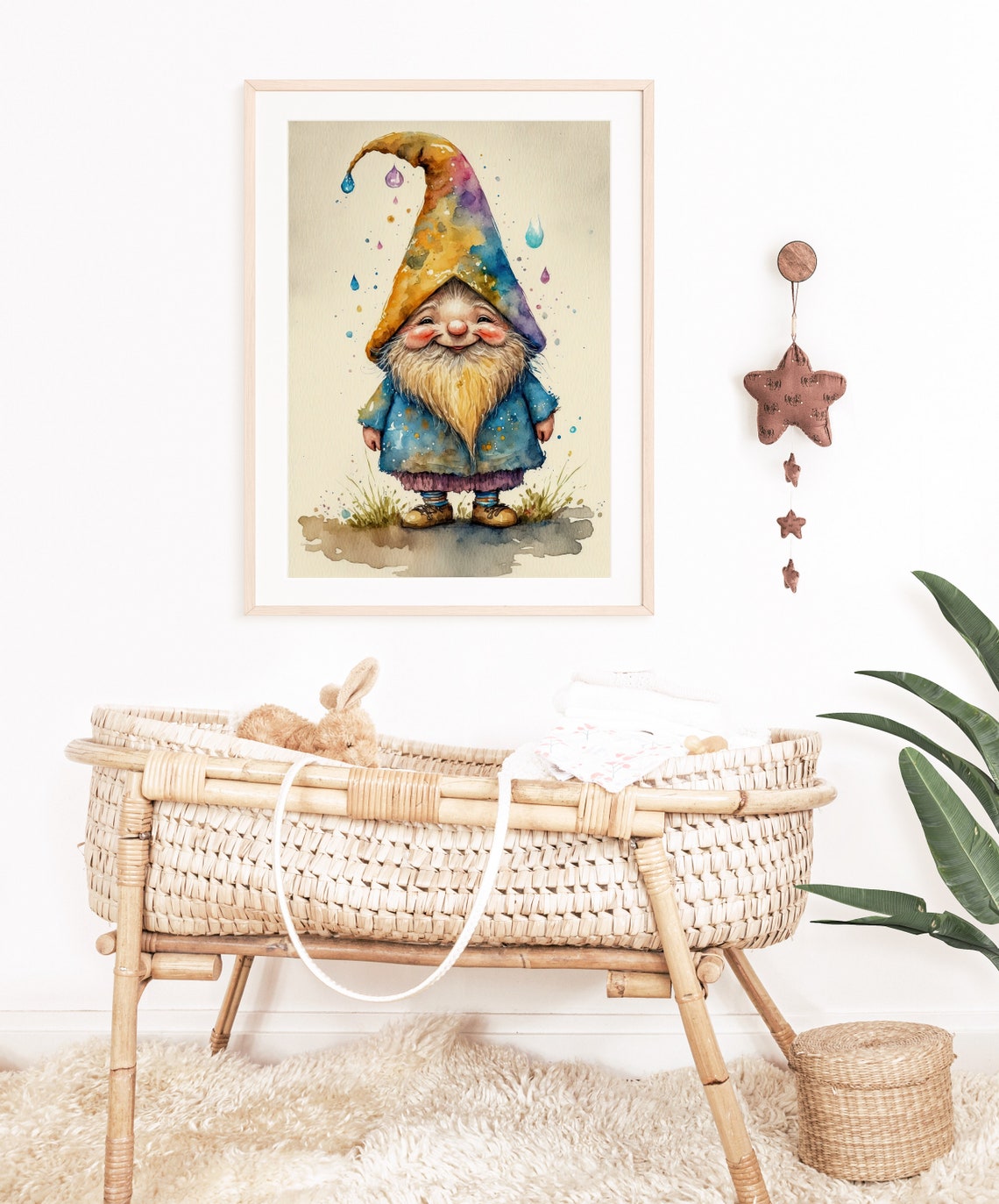 Smiling Gnome Rainbow Pointy Hat Watercolor Nursery Art Poster - Image 3