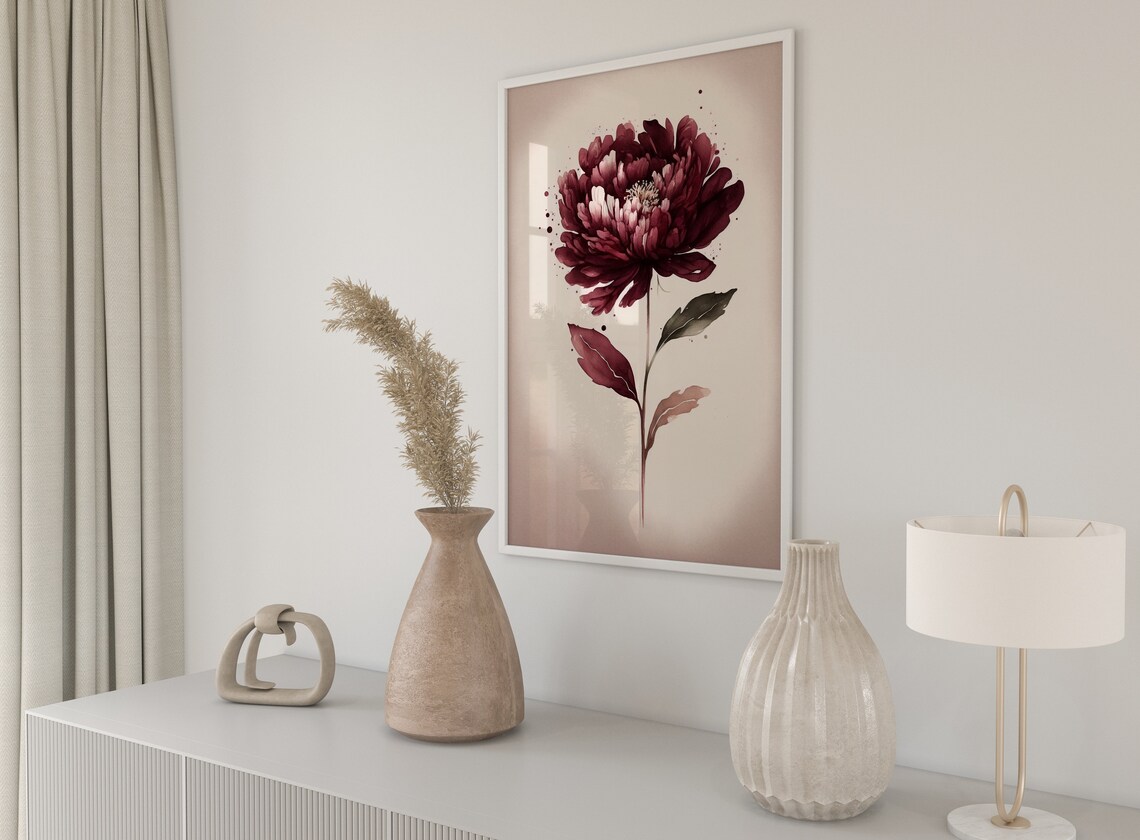 Burgundy Peony Single Bloom Watercolour Elegant Floral Poster - Image 3