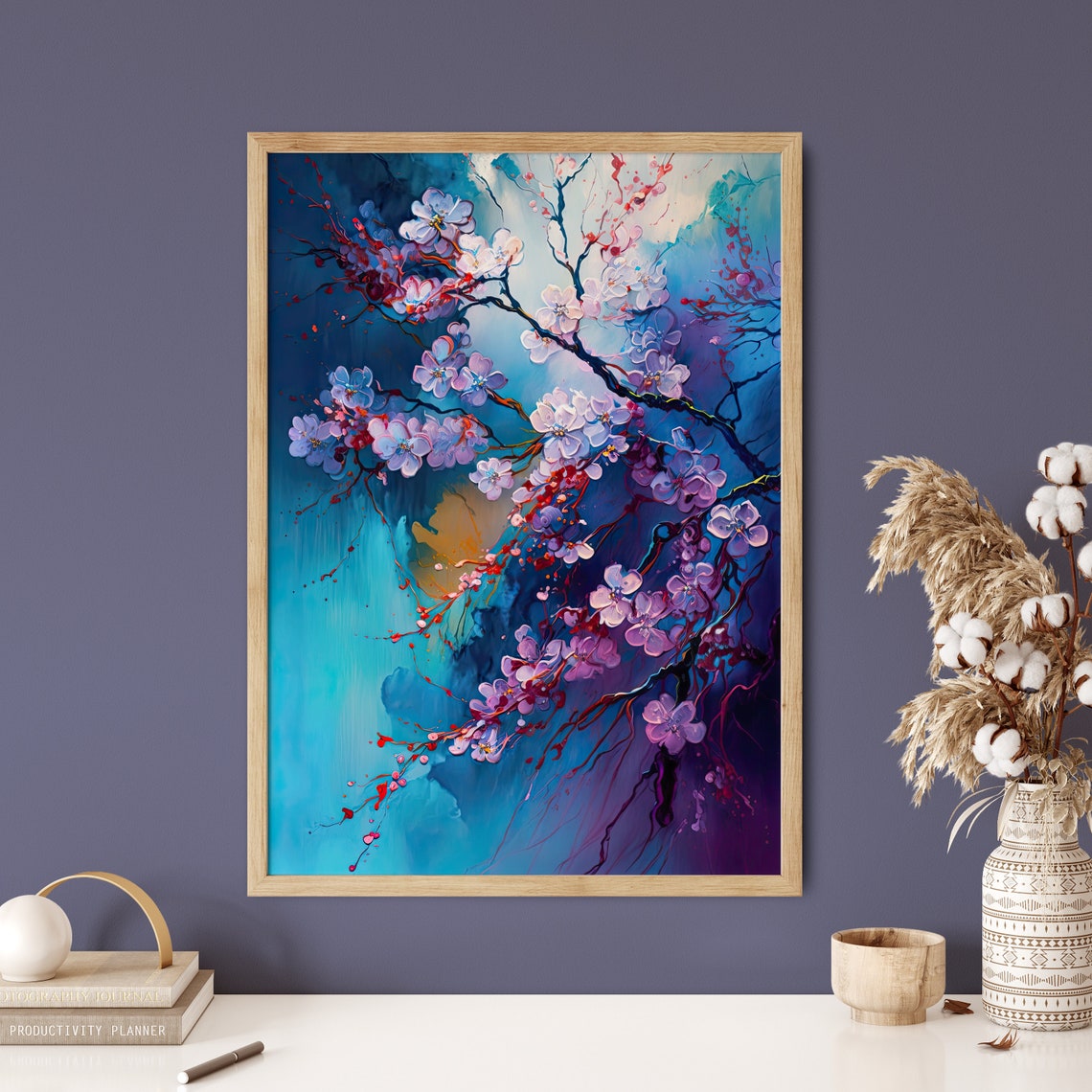 Cherry Blossom Branches Deep Blue Background Decor Art Poster - Image 5