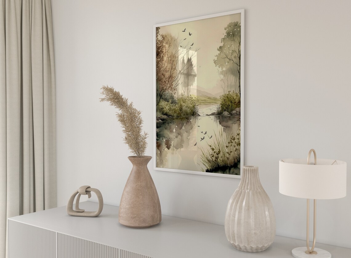 Misty River Watercolor Birds Flying Muted Nature Landscape Poster - Image 5