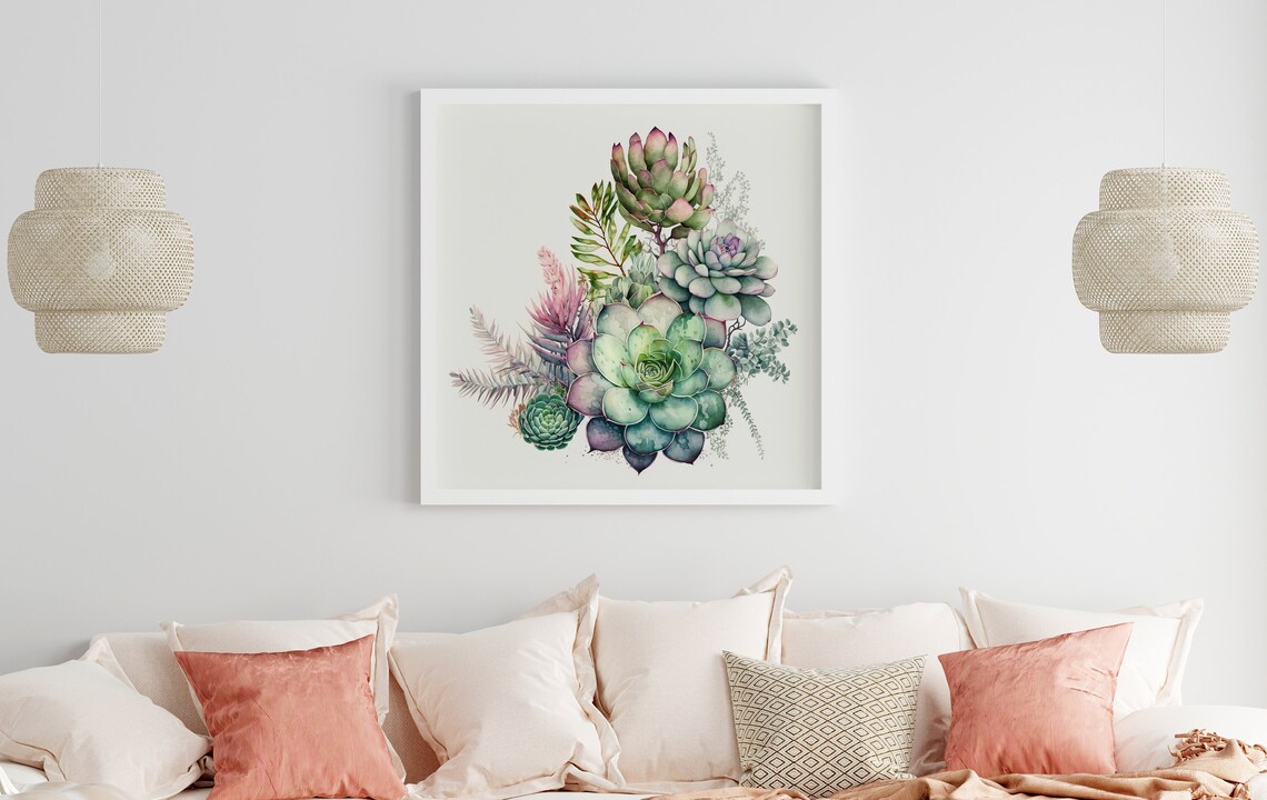 Fresh Green And Pink Watercolor Succulents Botanical Art Poster - Image 5