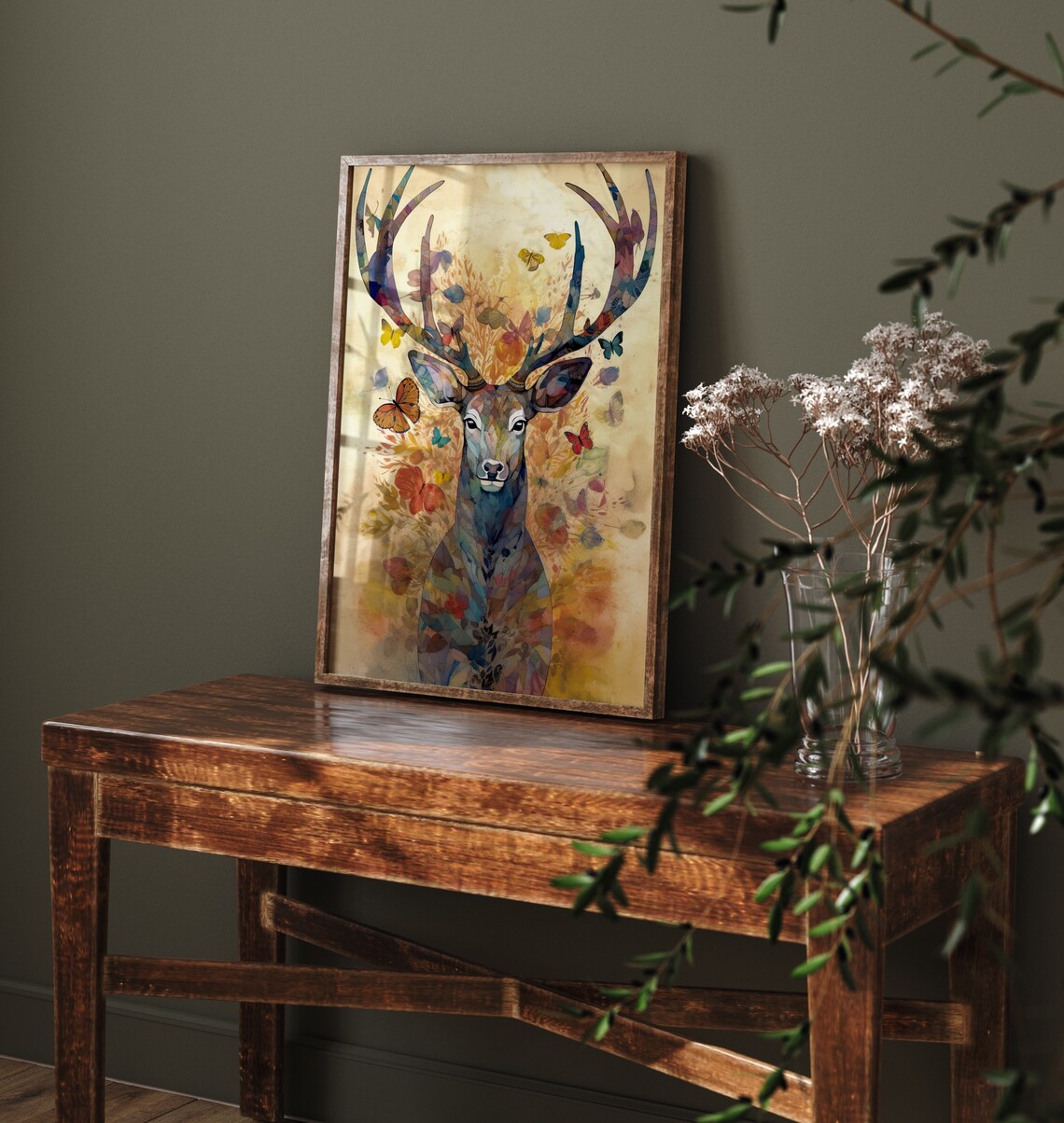 Stag Deer Butterflies Watercolour Mosaic Antlers Nature Poster - Image 4