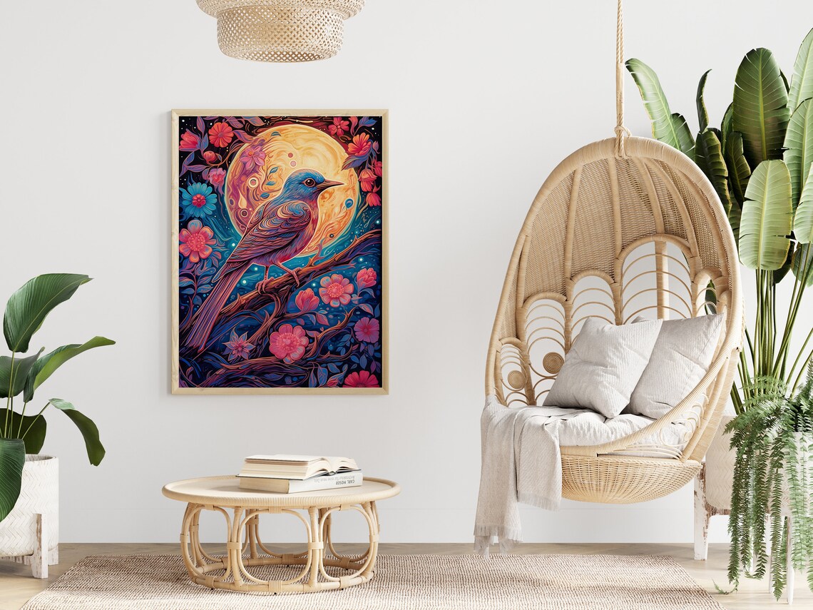 Bluebird Full Moon Night Blooms Colorful Songbird Art Poster - Image 4