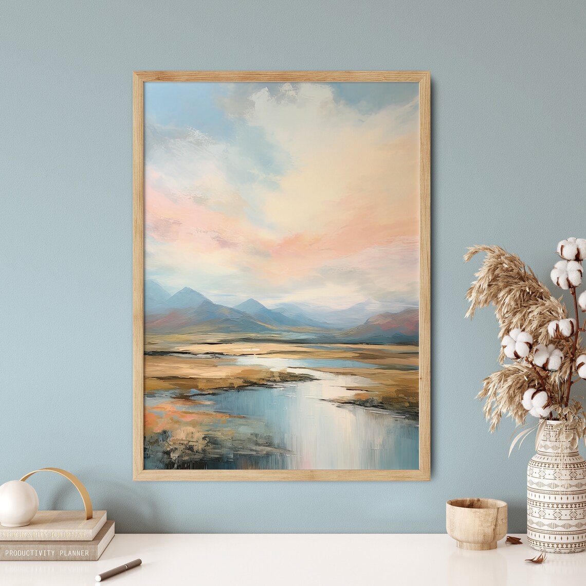 Abstract Pastel Lake Mountain Sky Modern Serene Landscape Art Print - Image 5