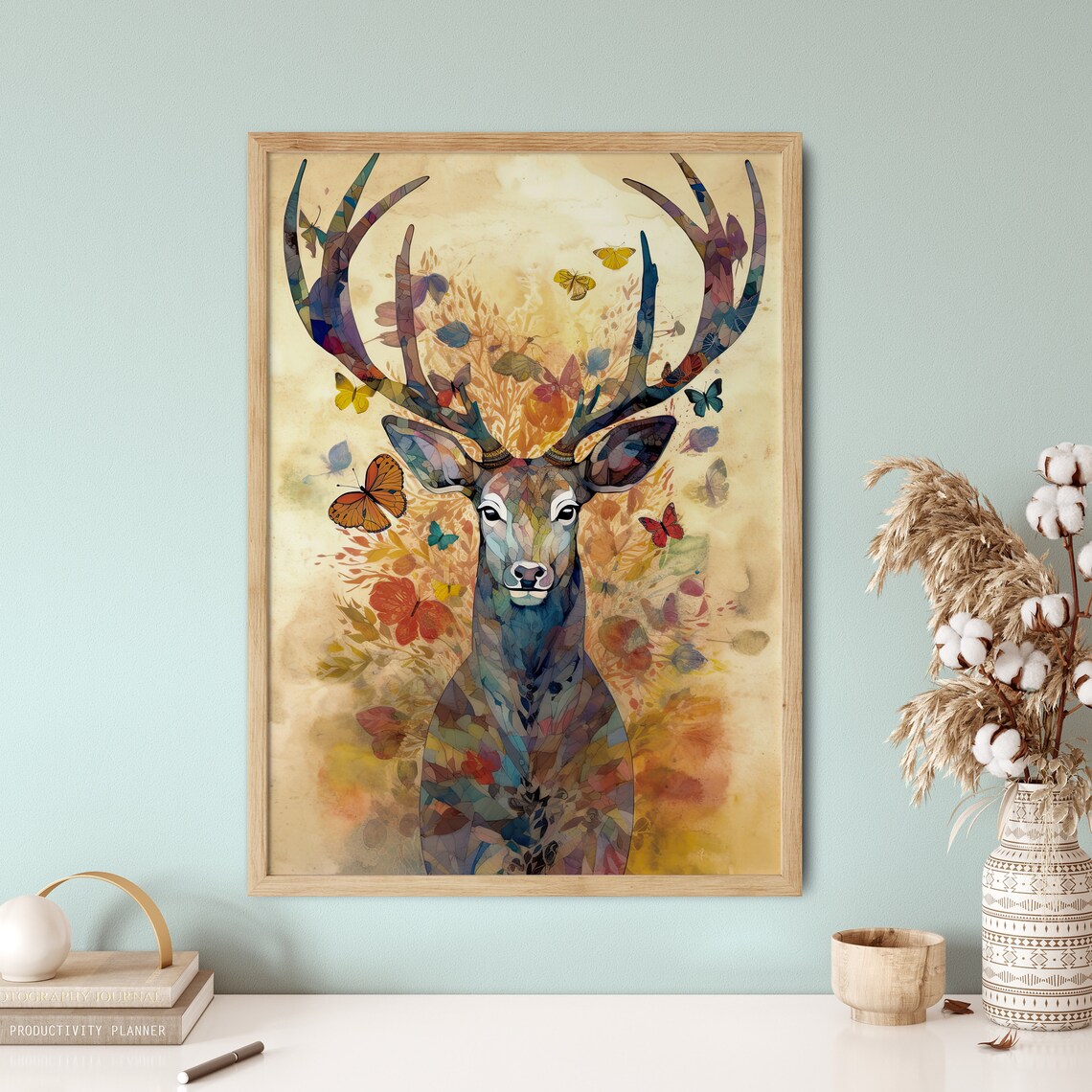 Stag Deer Butterflies Watercolour Mosaic Antlers Nature Poster - Image 5