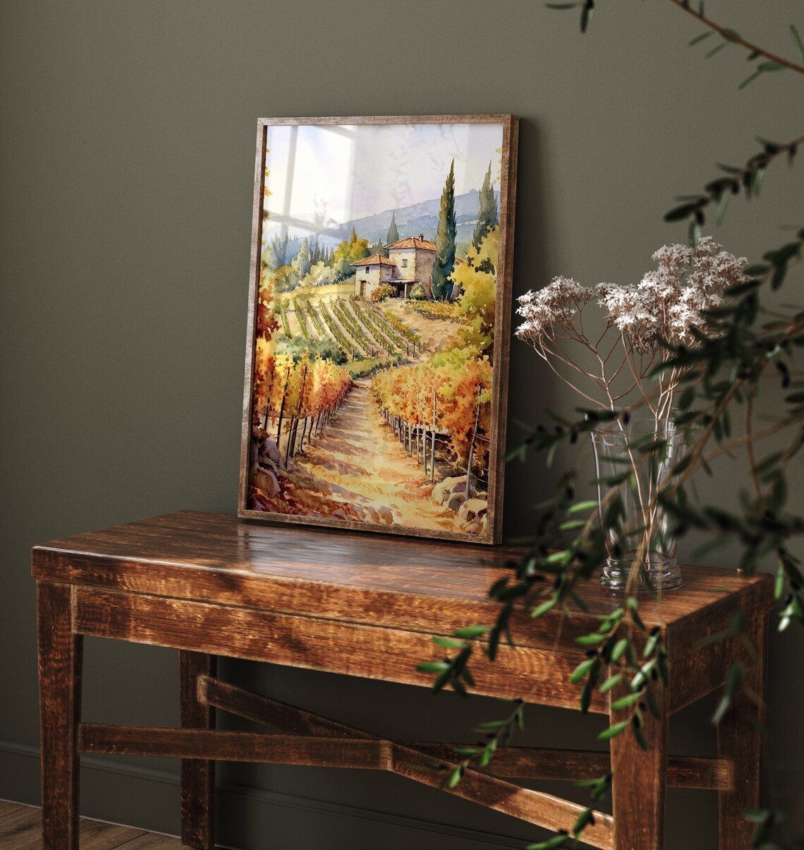 Tuscan Vineyard Path Farmhouse Autumn Watercolor Landscape Poster - Image 2