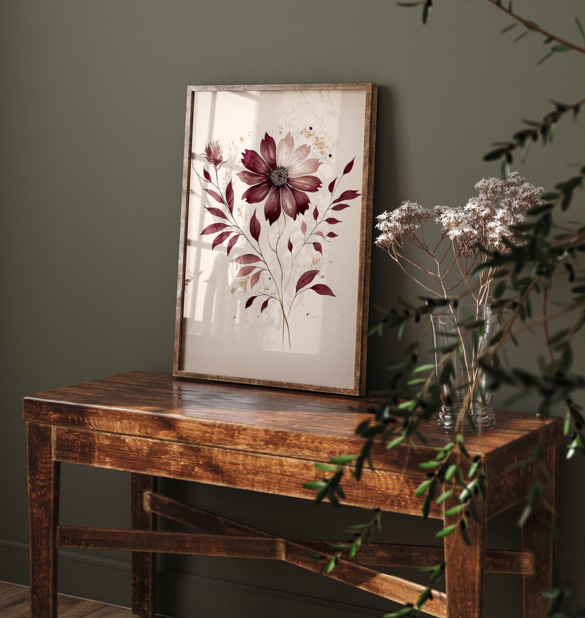 Burgundy Dahlia Botanical Watercolor Elegant Floral Wall Art - Image 4
