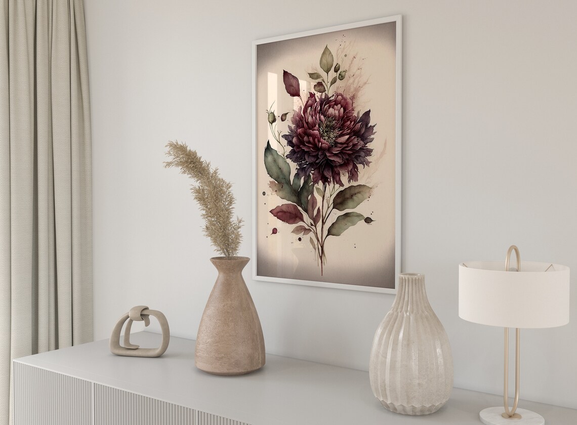 Burgundy Dahlia Bloom Watercolor Dark Moody Botanical Art Print - Image 5
