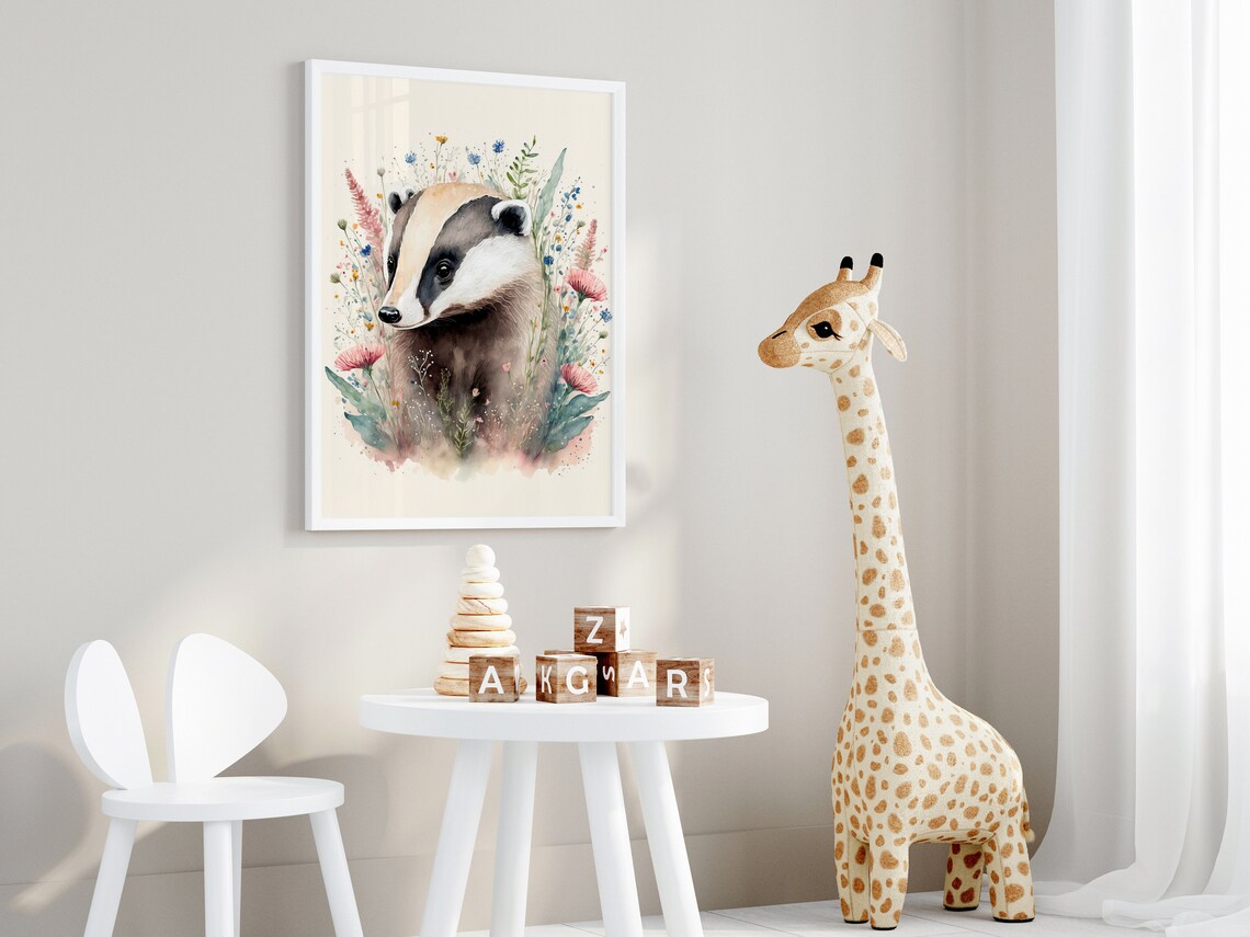 Watercolor Badger Among Wildflowers Nursery Woodland Art Print - Image 4