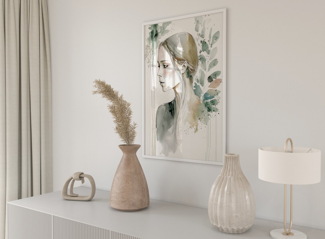 Watercolor Woman Profile Botanical Green Minimalist Art Poster - Image 5