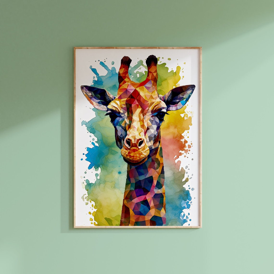 Geometric Rainbow Giraffe Watercolour Splash Kids Animal Poster - Image 3