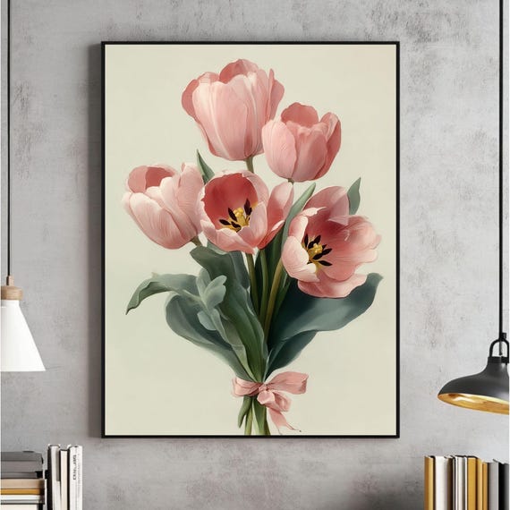 Coquette Tulips Bouquet Room Wall Art Pink Girly Poster Y2k Cute Decor Instant Blush Bow Painting