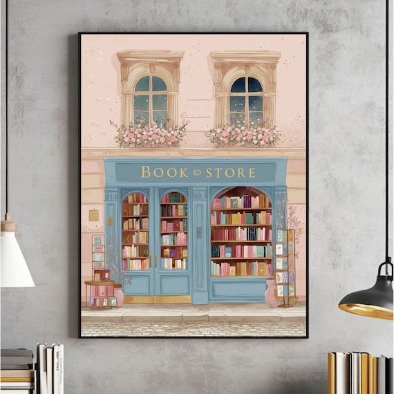 Charming Vintage Bookstore Storefront Floral Bookshop Literary Poster