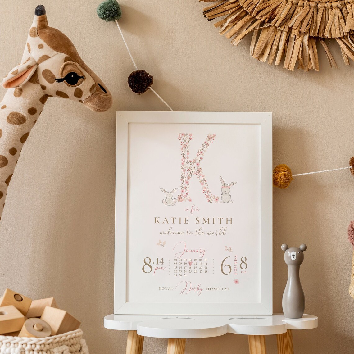 New Baby Girl Birth Print, Personalised Nursery Art - Image 2