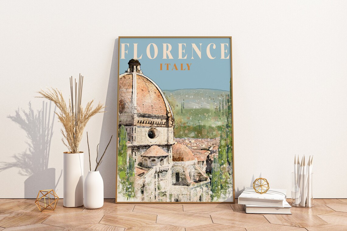 Florence Italy Duomo Watercolor Painting Historic Travel Poster