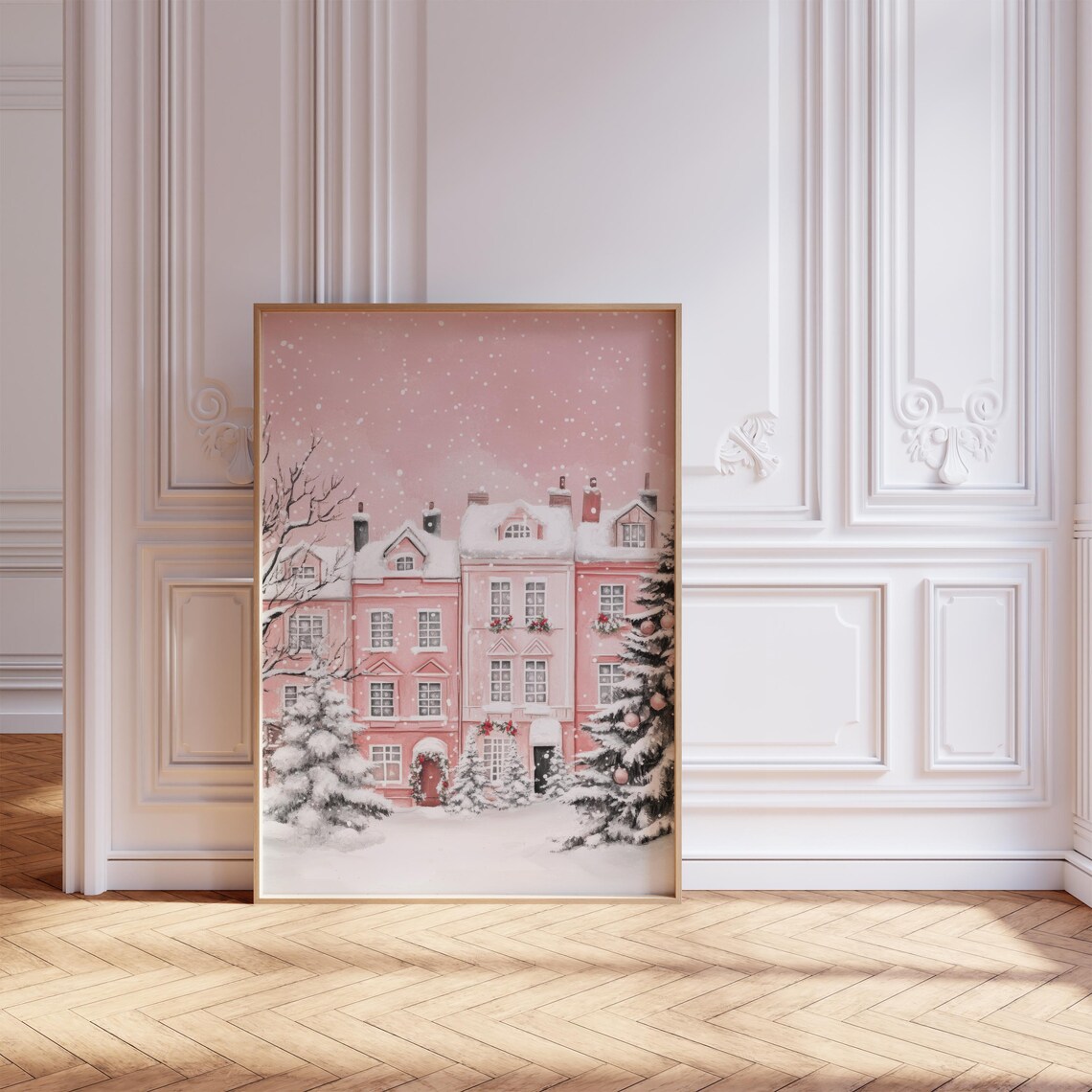 Pink Winter Christmas Village Art Print, Holiday Decor - Image 4
