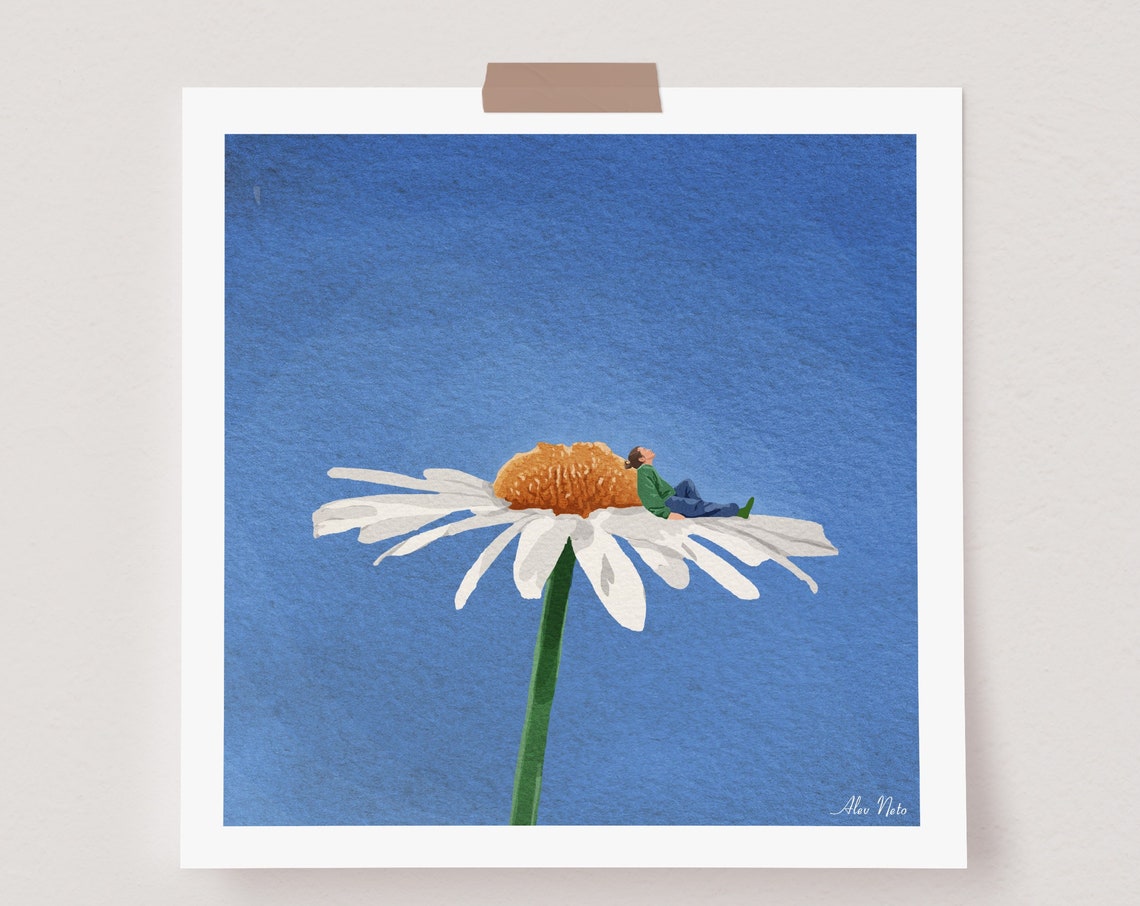 Tiny Person Resting on a Giant Daisy in a Dreamy Blue Sky Poster