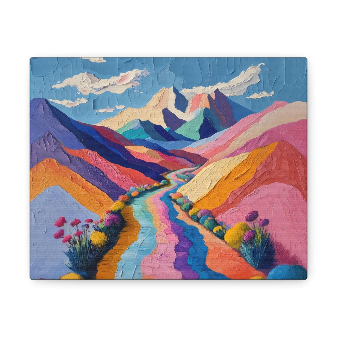Colorful Painted Mountains With Rainbow River and Wildflowers Print - Image 3