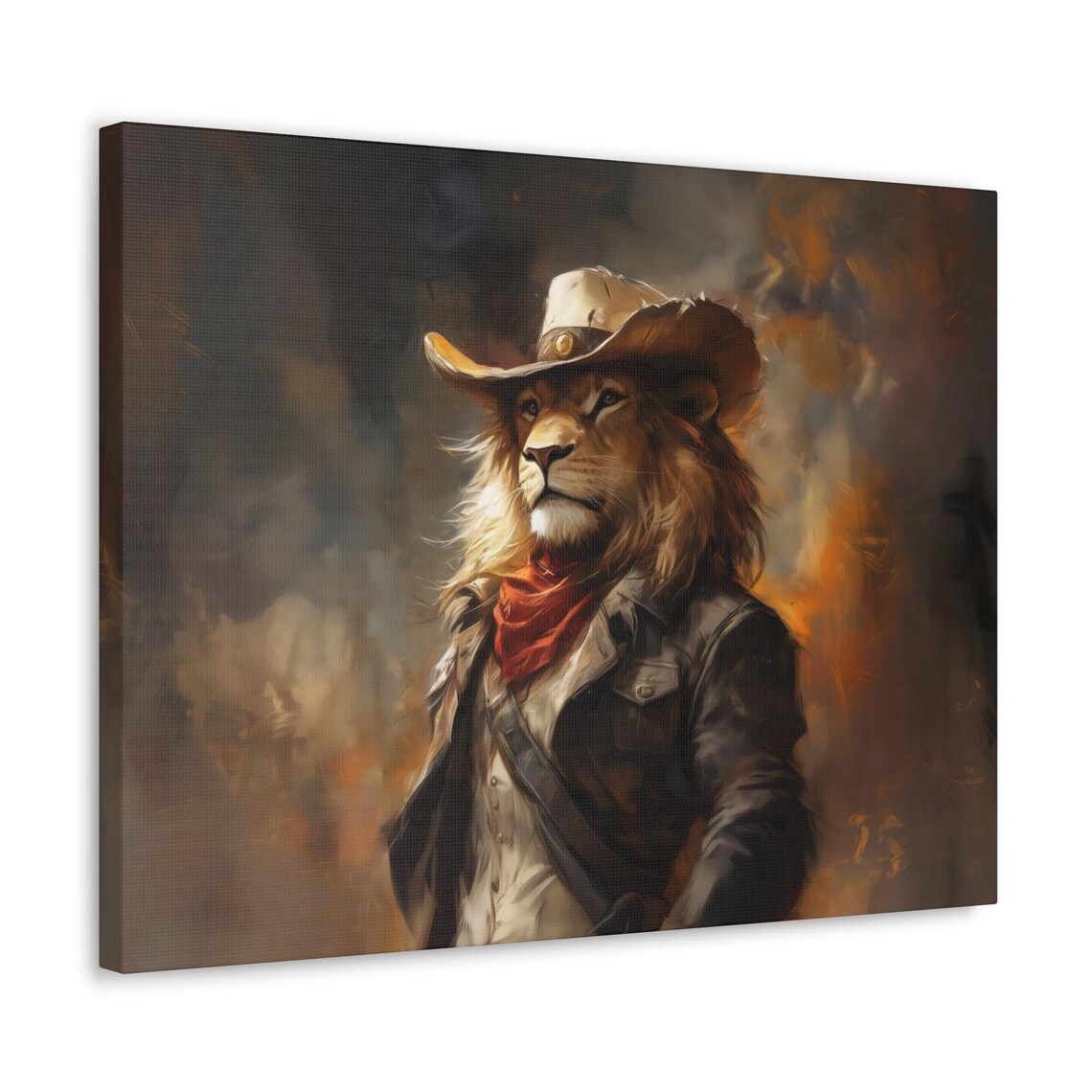 Majestic Lion Cowboy Watercolor Painting Red Scarf Dark Moody Poster
