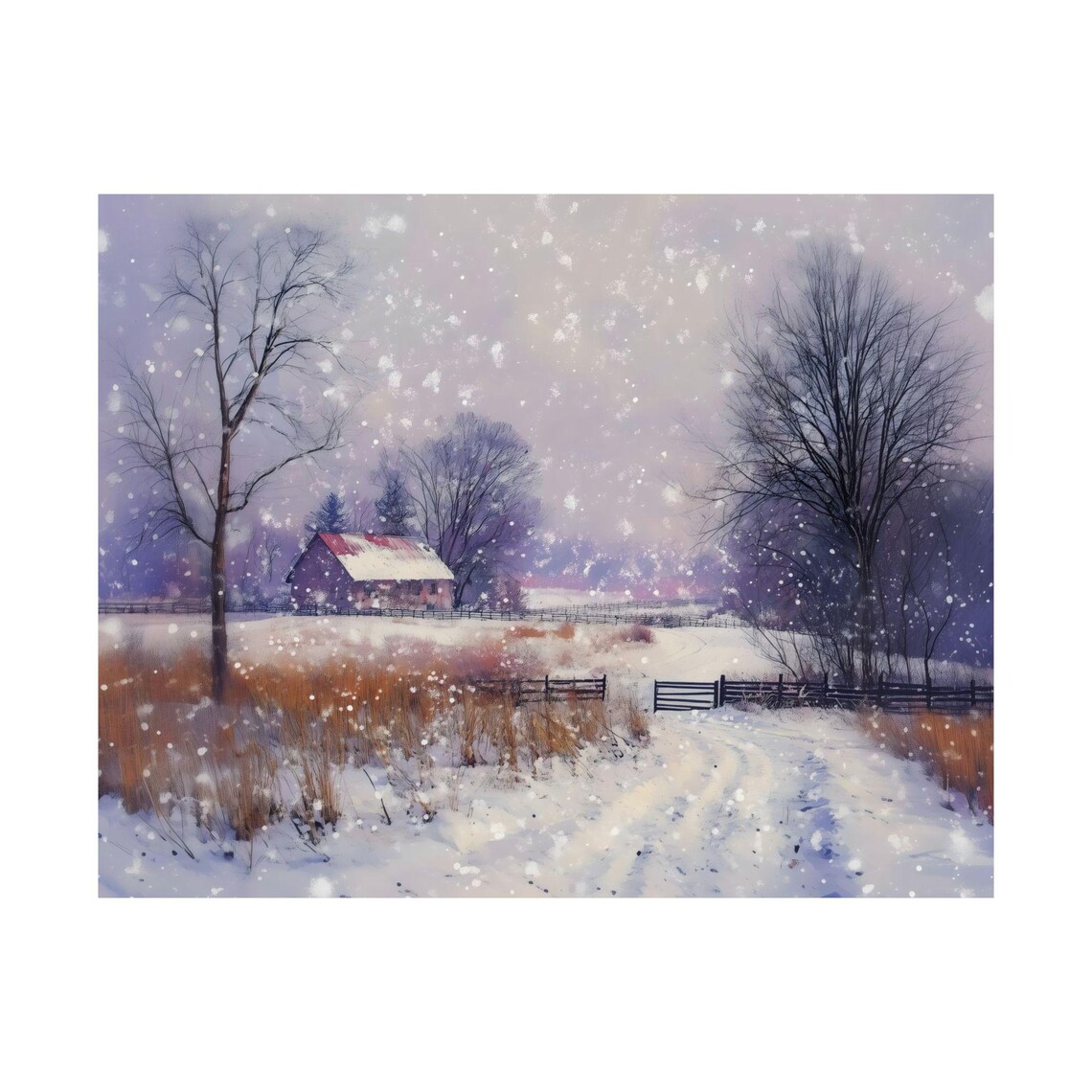 Snowy Farmhouse With Red Barn Roof In Winter Storm Falling Snow Wall Art - Image 3