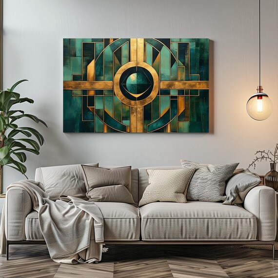 Teal And Gold 1920s Sleek Art Deco Print Bold Statement Vibrant Metallic Look Geometric Colorful Shapes Zig Zags Rustic Art