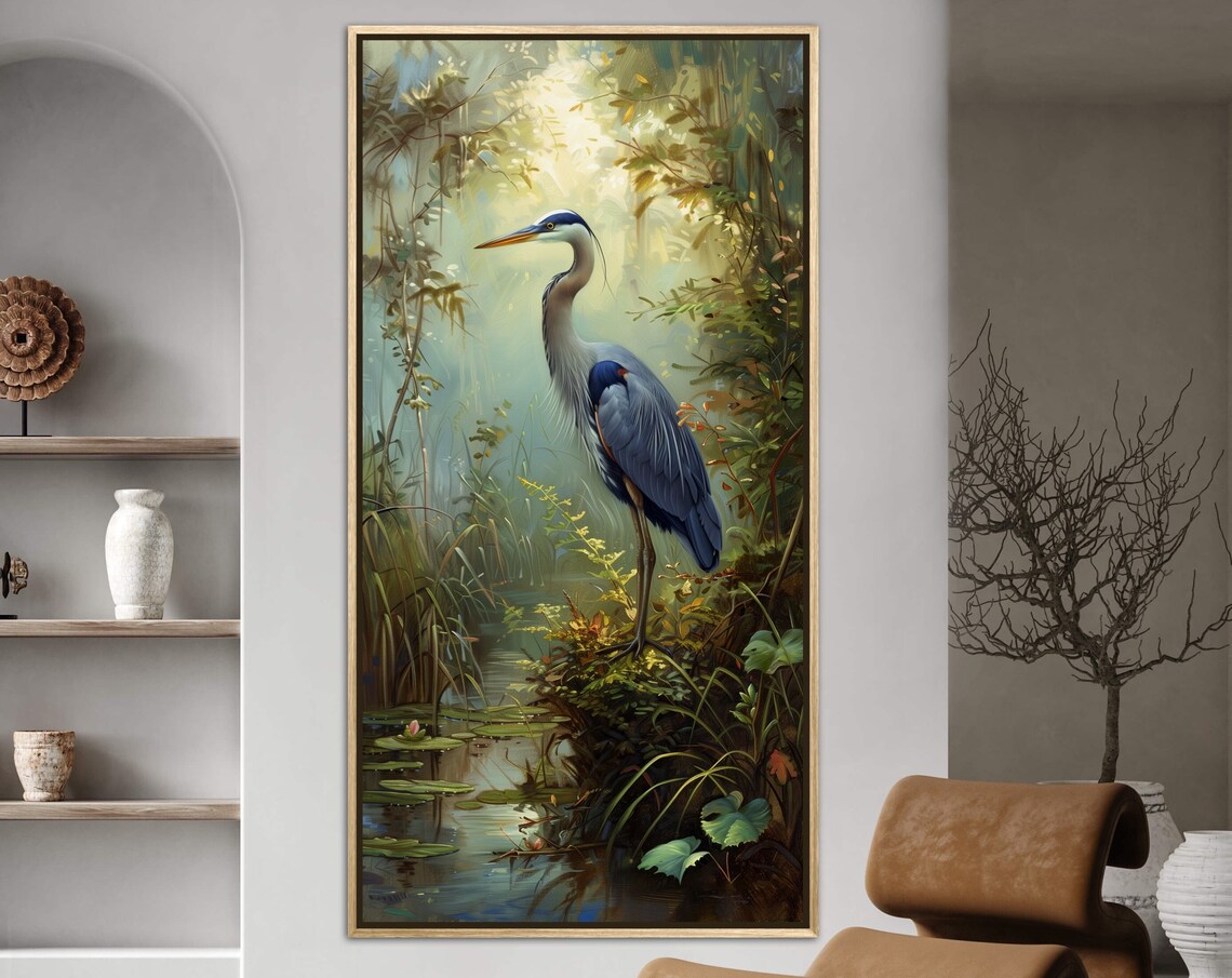 Blue Heron Bird Art, Muted Colors Wall Art Print