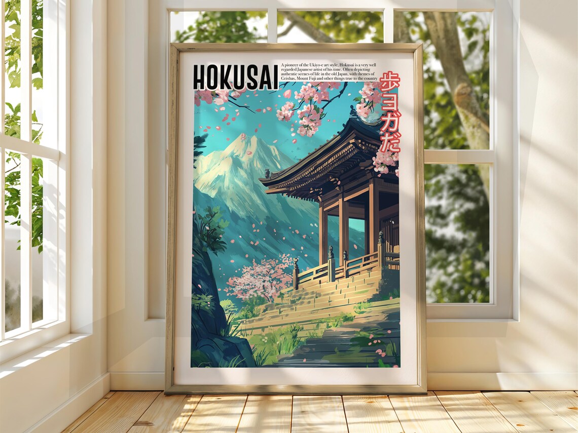 Hokusai Mount Fuji Cherry Blossom Temple Springtime Japanese Art Poster