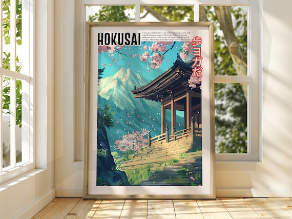 Hokusai Mount Fuji Cherry Blossom Temple Springtime Japanese Art Poster
