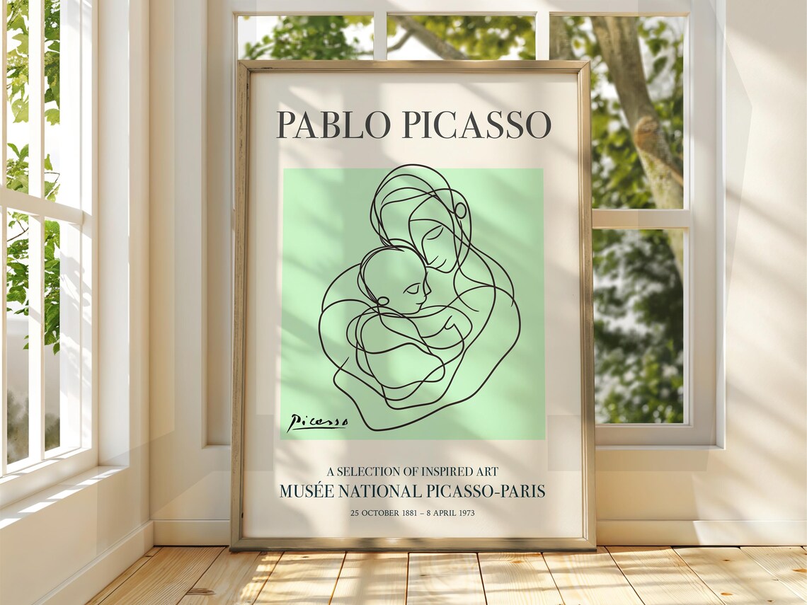 Pablo Picasso Style Mother and Child Line Art Exhibition Poster Green