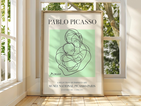 Pablo Picasso Style Mother and Child Line Art Exhibition Poster Green