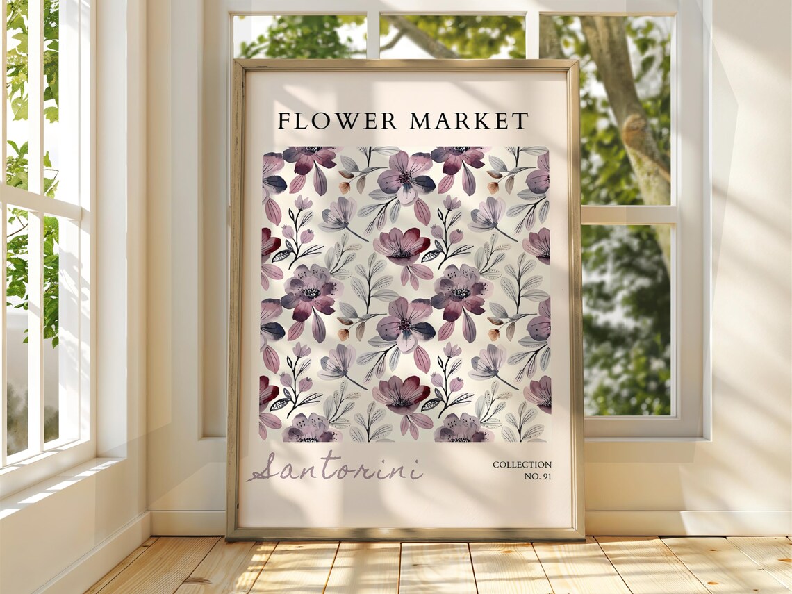 Flower Market Santorini Purple Watercolor Floral Botanical Art Poster