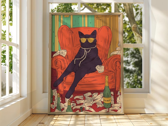 Relaxed Black Cat Sunglasses Champagne Lounge Retro Animal Poster