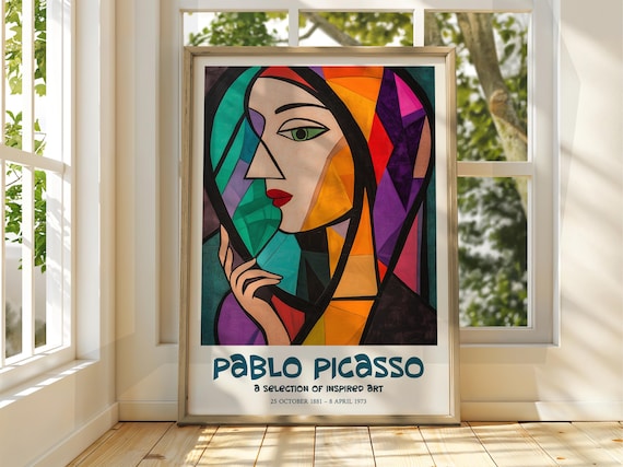 Pablo Picasso Inspired Cubist Female Face Red Lips Art Poster